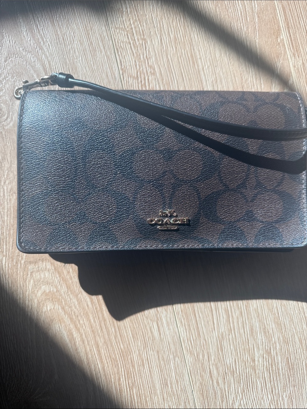 Coach Brown Signature Wristlet Clutch with Logo Plaque